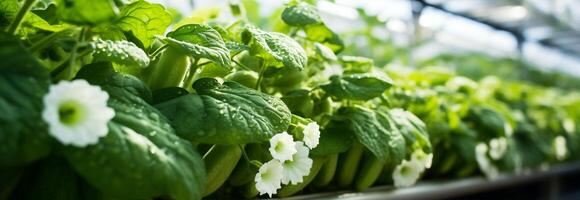 A row of green plants in a greenhouse photo