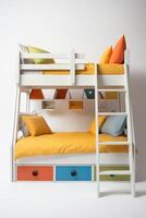 A white bunk bed with colorful pillows and a ladder photo