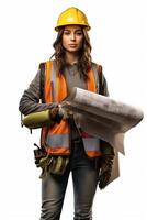 Female construction worker holding blueprint and helmet photo