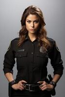 A woman in a police uniform posing for a photo