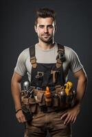 A man in a work uniform holding a tool belt photo