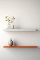 Shelves with vases and plants on white wall photo