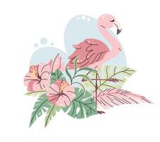 Cute flamingo with hibiscus and palm leaves on white background. illustration of african animal vector