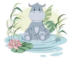 Cute hippopotamus in a pond with water lilies and reeds on a white background. illustration of an African animal vector