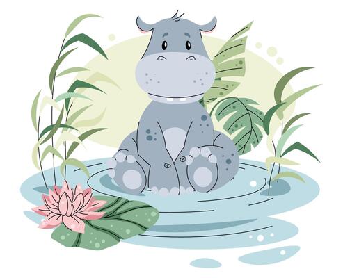 Cute hippopotamus in a pond with water lilies and reeds on a white background. illustration of an African animal