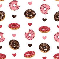 Seamless pattern with glazed donuts and hearts. Repeating texture with delicious dessert vector
