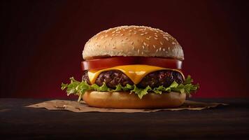 A hamburger with cheese and lettuce on a dark background video