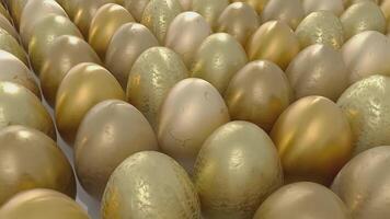 Collection of gold metallic Easter eggs. The reflective surfaces create a luxurious, elegant, and festive atmosphere. 3d rendering animation video