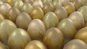 A collection of gold metallic Easter eggs. The reflective surfaces create a luxurious, elegant, and festive atmosphere. 3d rendering animation video