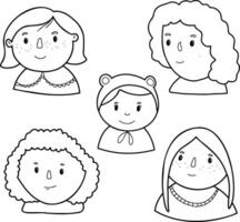 Cute girls icons linear drawing, black and white vector