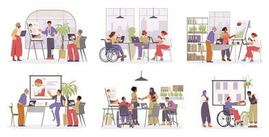 Diverse people of different age, ethnicity, gender, with disabilities working together in the office flat illustrations set. Inclusive workplace scenes. vector