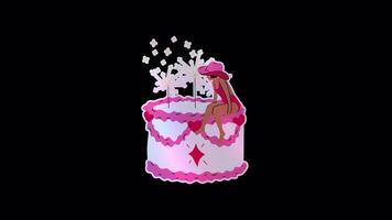 Animated woman sitting on top of a pink cake in a festive party scene. Transparent alpha channel background for easy editing and compositing video