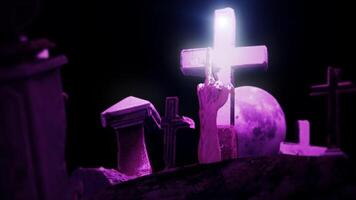 Zombie hand rising out from the ground. Halloween background with cemetery, zombie hands render 3d animation, . video
