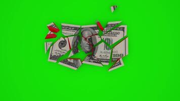 Dollar crashing, financial crisis, currency losing value. Coin falls in slow motion. US dollar index dropping on stock market. Green background. video
