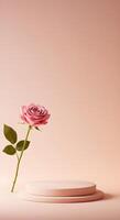 Natural beauty podium backdrop for product display featuring a single pink rose flower with a gradient background transitioning from light pink to soft white, creating a dreamy effect. photo