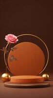 3d render of a rose on a gold frame with a vase with podium photo