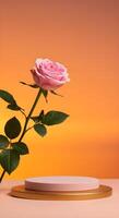 Natural beauty podium backdrop for product display with a pink rose flower, set against a sunset background with warm hues of orange and pink, creating a romantic ambiance. photo