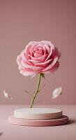 Natural beauty podium backdrop for product display featuring a pink rose flower, with a soft-focus effect on the background, highlighting the flower's intricate details. photo