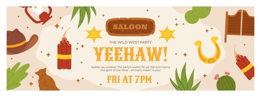 A colorful Wild West party invitation featuring cowboy-themed illustrations including a hat, lantern, dynamite, horseshoe, saloon sign, sheriff badges, cacti, and decorative text on a beige background vector