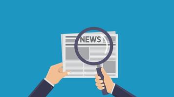Two hands holding a magnifying glass over a newspaper, focusing on news or investigative journalism concepts for design projects. video