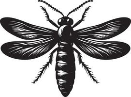 A black and white illustration of a wasp vector