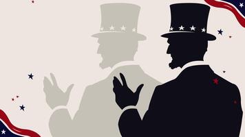 Elegant lower third animation of Abraham Lincoln's silhouette in a formal suit, seen from behind. Features soft patriotic stars and stripes, ideal for Presidents' Day, history videos, or political. video