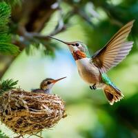A hummingbird and its young are flying over a nest photo