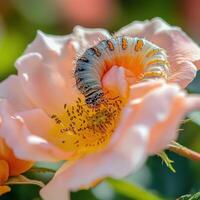 A caterpillar on a pink rose photo