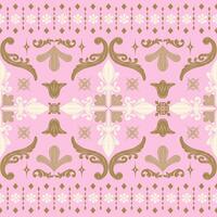 Elaborate White Buds and Golden Florals Pattern on Brush Pink Background. Glamorous Petals Blooming scroll curve twinkle for elegant work design. Delicate Border with ornament decoration Royal Sweet vector