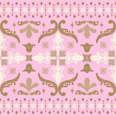Elaborate White Buds and Golden Florals Pattern on Brush Pink Background. Glamorous Petals Blooming scroll curve twinkle for elegant work design. Delicate Border with ornament decoration Royal Sweet