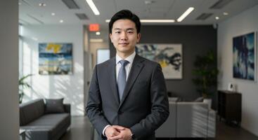 A person with short, sleek hair wearing a professional suit in an office environment. photo