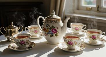 A teapot with a beautifully arranged set of tea cups, steam rising from the cups, evoking an elegant afternoon tea setting. photo