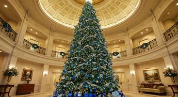 A towering Christmas tree adorned with sparkling blue and silver ornaments in a luxurious mansion. photo