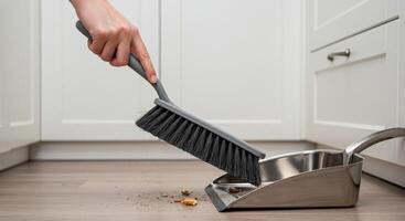 A close up shot of a hand using a broom to sweep dust into a dustpan in a clean kitchen. photo