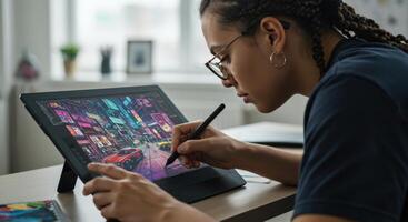A digital artist working on a tablet, creating a colorful, detailed illustration on the screen. photo