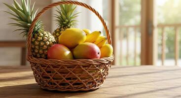 A vibrant fruit basket overflowing with fresh tropical fruits like pineapples, mangoes, and bananas, set on a rustic wooden table with sunlight streaming through the window. photo
