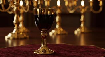 A golden chalice filled with fine red wine, sitting on an elegant table with velvet tablecloth and golden candelabras in the background. photo