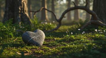 A heart shaped stone placed carefully on the ground in the midst of a forest, symbolizing nature s love and connection to the earth. photo