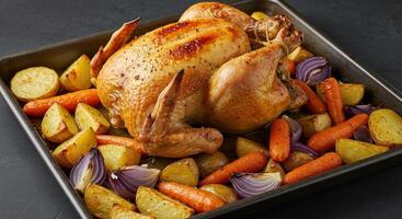 A whole roasted chicken surrounded by roasted potatoes, carrots, and onions on a baking sheet. photo