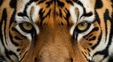 A close up of a tiger s face showing its piercing eyes and intricate fur patterns. photo