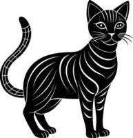 Black and white illustration, stylized cat silhouette, art deco inspired, geometric patterns, sleek lines, curving tail, alert posture, whiskers, minimalist design vector