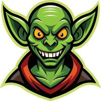 cartoon goblin, green skin, large pointed ears, yellow glowing eyes, menacing grin, sharp teeth, evil expression, fantasy character vector