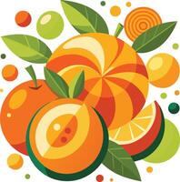 Vibrant citrus fruits illustration, abstract geometric shapes, oranges and limes, green leaves, colorful circles, 2D flat design vector