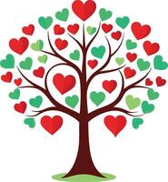 Tree of love, stylized illustration, red and green heart leaves, brown branches, white background, symmetrical design vector