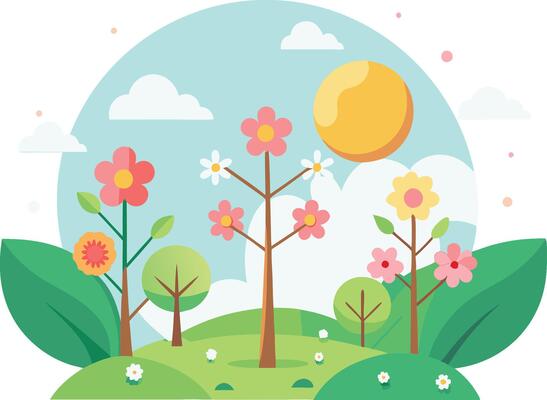 Cheerful spring scene, cartoon style, colorful flowers, stylized trees, rolling green hills, bright yellow sun, fluffy white clouds