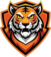 Tiger mascot logo, fierce expression, orange and black, shield shape, stylized geometric design, sharp angular lines vector