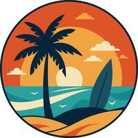 Retro beach sunset, circular composition, palm tree silhouette, surfboard, ocean waves, seagulls, stylized clouds vector