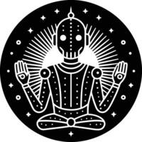 Mystical robot deity, geometric design, black and white, circular composition, stars and radiating lines vector
