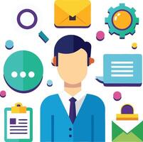 Flat design illustration, business icons, professional avatar, colorful geometric shapes, communication symbols, email envelope, vector