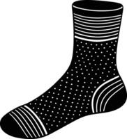 Black and white sock illustration, polka dot pattern, striped cuff and heel, geometric design, minimalist style vector